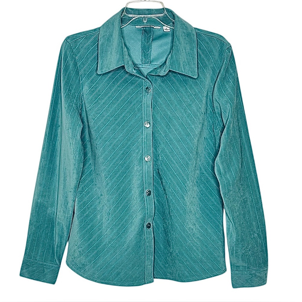 Susan Graver Faux Suede Striped Button Front Collared Blouse